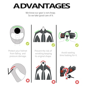 May include: Illustration showing the advantages of using a helmet, jacket, and gloves storage system. The illustration shows a helmet being stored upright, a jacket being hung on a hanger, and gloves being stored in a pouch. The text "ADVANTAGES" is at the top of the image. The text "We know our gear is not cheap. So we take good care of it." is below the title. The text "Protect your helmet from falling and pressure damage." is below the helmet illustration. The text "Prevent the risk of wrinkling keeping its original shape." is below the jacket illustration. The text "Avoid wasting time looking for it." is below the gloves illustration.