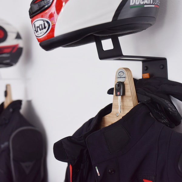 Helmet Rack Holder - Motorcycle Gear Rack Hanger - All-in-one solution for your gear! | Helmet, jacket, gloves and keys! | black