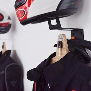 Helmet Rack Holder - Motorcycle Gear Rack Hanger - All-in-one solution for your gear! | Helmet, jacket, gloves and keys! | black
