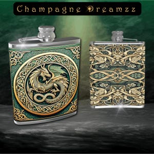 May include: Two stainless steel hip flasks with a green and gold Celtic dragon design. One flask features a dragon in a circle with intricate knotwork. The other flask features a repeating pattern of Celtic knots and floral designs.