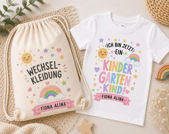 Kindergartenkind 2026 Shirt mit Name | Set mit Wechselkleidungsbeutel | Personalisiertes Kinder T-Shirt | Kindergartenstart Geschenk |