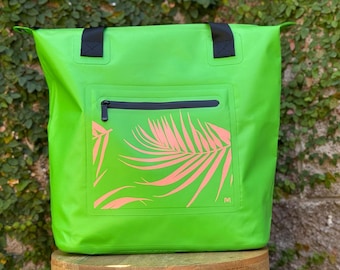 Pink Palm Waterproof Tote Bag with Splash-Proof Zipper - Green
