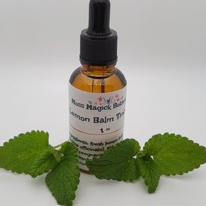 Pu&ograve; includere: Una piccola bottiglia di vetro marrone con un contagocce nero. La bottiglia &egrave; etichettata "Moss Magick Botan Lemon Balm Tincture 1 oz". L'etichetta include anche un elenco di ingredienti, tra cui melissa fresca (Melissa officinalis). La bottiglia &egrave; appoggiata su una superficie bianca con foglie verdi di melissa.