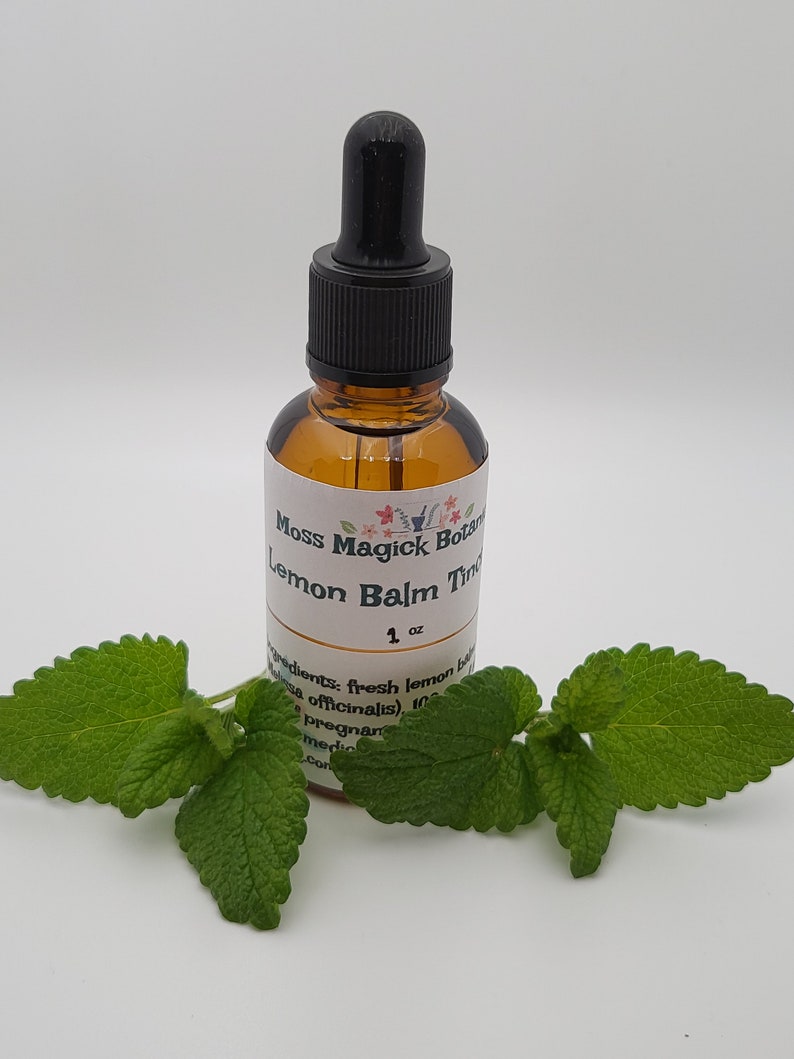 Pu&ograve; includere: Una piccola bottiglia di vetro marrone con un contagocce nero. La bottiglia &egrave; etichettata "Moss Magick Botan Lemon Balm Tincture 1 oz". L'etichetta include anche un elenco di ingredienti, tra cui melissa fresca (Melissa officinalis). La bottiglia &egrave; appoggiata su una superficie bianca con foglie verdi di melissa.