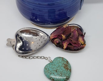 Turquoise Heart Tea Infuser, loose tea holder, gemstone heart charm and heart tea strainer, Valentine's gift for him or her, two hearts