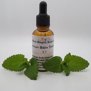 Pu&ograve; includere: Una bottiglia di vetro marrone con un contagocce, etichettata "Moss Magick Botanics Lemon Balm Tincture 1 oz". La bottiglia &egrave; appoggiata su una superficie bianca con foglie verdi di melissa.