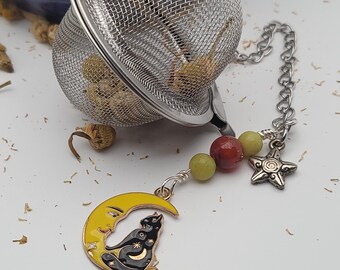 Cat on Moon Tea Infuser Ball with Carnelian and Serpentine Gemstone Accents