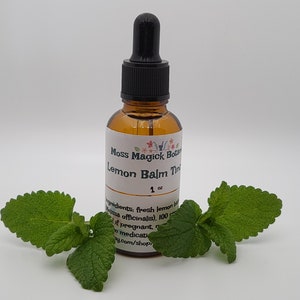 Pu&ograve; includere: Una piccola bottiglia di vetro ambrato con un contagocce nero. La bottiglia &egrave; etichettata "Moss Magick Botan Lemon Balm Tincture 1 oz". L'etichetta include anche gli ingredienti: "fresh lemon balm (Melissa officinalis), 100 proof alcohol". C'&egrave; una dichiarazione di non responsabilit&agrave; che dice "Se sei incinta, consulta un medico". La bottiglia &egrave; su una superficie bianca con foglie verdi.