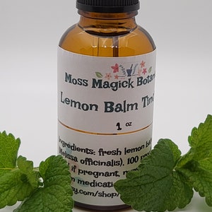 Pu&ograve; includere: Una bottiglia di vetro marrone con un contagocce nero e un'etichetta bianca che recita "Moss Magick Botan Lemon Balm Tincture 1 oz Ingredients: fresh lemon balm (Melissa officinalis), 100 proof alcohol. If pregnant, nursing, or on medication, consult your doctor before use. mossmagickbotan.etsy.com/shop/"