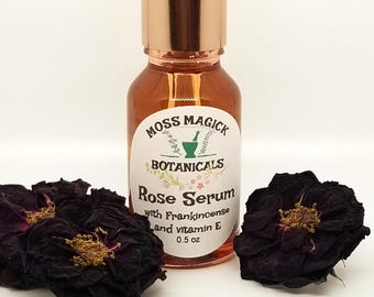Organic Red Rose Facial Serum, Frankincense, Vitamin E (0.5 oz) Bottle with Dropper