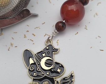 Witch Hat Black Cat on Broom Tea Infuser Ball with Carnelian and Mahogany Obsidian Gemstones