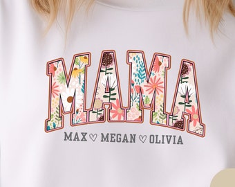 Personalized Mama Shirt with Floral Font, Custom Children's Names, Mother's Day Gift
