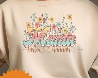 Retro Floral Mama Shirt With Custom Children Names, Soft Tee or Cozy Crew