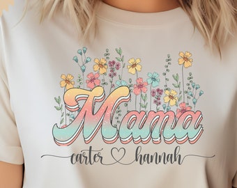 Retro Floral Mama Shirt With Custom Children Names, Soft Tee or Cozy Crew
