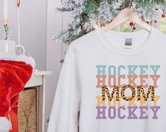 HOCKEY MOM Leopard Font Sweater, Gift for Mama, Sport Mother shirt, Hockey Lover Crew