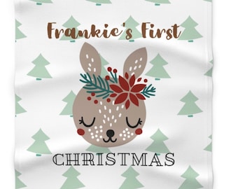 PERSONALIZED Baby Bunny Christmas Blanket | Baby's First Christmas Gift | Christmas Baby Shower Gift
