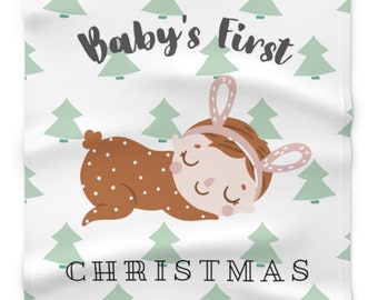 PERSONALIZED Baby Girl Bunny Christmas Blanket | Baby's First Christmas Gift | Christmas Baby Shower Gift