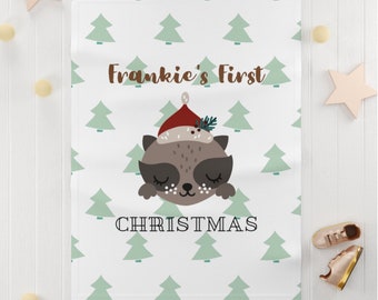 PERSONALIZED Baby Racoon Christmas Blanket | Baby's First Christmas Gift | Christmas Baby Shower Gift