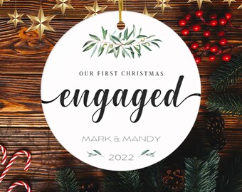 Personalized First Christmas Engaged Ornament | Engaged Christmas Ornament | Custom Greenery Engagement