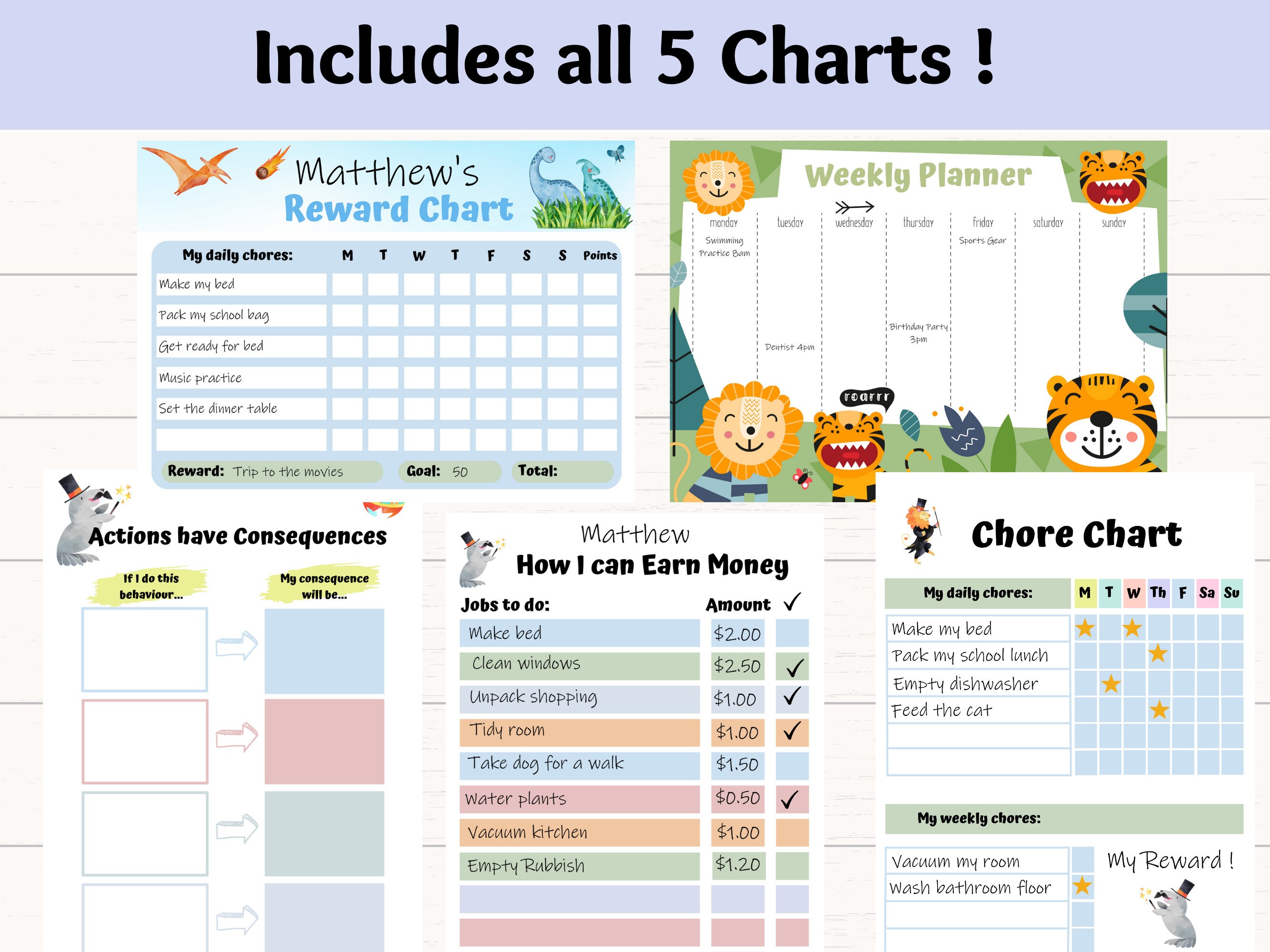 Bundle Deal 5 Charts Kids Reward Chart Weekly Planner Earn - Etsy
