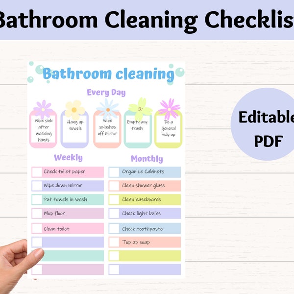 Bathroom Kids Cleaning Checklist, Bathroom Prints, Editable Cleaning Checklist, Kids Bathroom Ideas