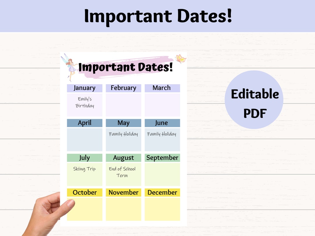 Editable Important Dates Printable, Birthdays, Anniversaries, Holidays ...
