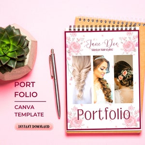 May include: A pink and white floral design Canva portfolio template with the text "Jane Doe Master Hairstylist" and "Portfolio". The template features three images of women with different hairstyles.