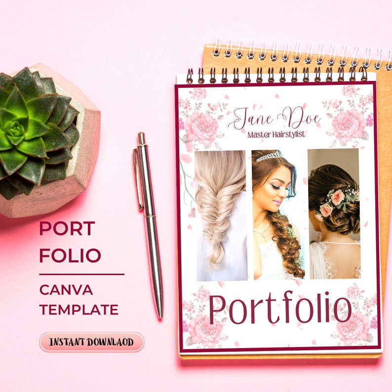 May include: A pink and white floral design Canva portfolio template with the text "Jane Doe Master Hairstylist" and "Portfolio". The template features three images of women with different hairstyles.