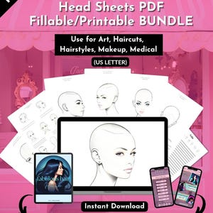 May include: A digital download bundle of printable head sheets for art, haircuts, hairstyles, makeup, and medical use. The bundle includes one hair planner and two Canva templates. The image shows a computer screen displaying a head sheet, a phone displaying a Canva template, and a tablet displaying a hair planner.