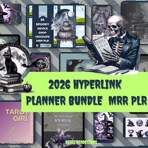 Puede incluir: Un collage de arte digital con un esqueleto leyendo un libro, rodeado de maquetas digitales y portadas de planificadores con temática de Halloween. El texto "2026 HYPERLINK PLANNER BUNDLE MRR PLR" está en verde. Otros elementos incluyen un gato negro, calabazas y sombreros de bruja.
