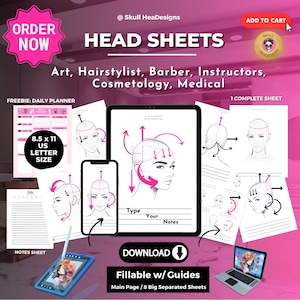 Modello PDF compilabile per taglio di capelli Headsheet BUNDLE Fogli digitali per istruttori di barbiere e cosmetologia, trucco, arte medica stampabile