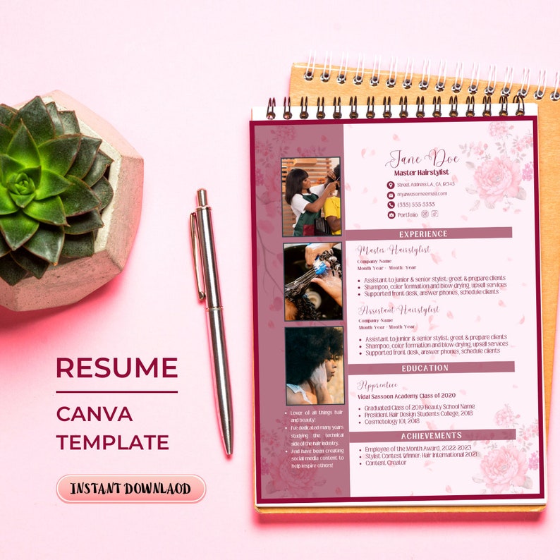 May include: A pink and burgundy resume template with a floral design. The resume includes a photo of a woman with dark hair and a white shirt. The text on the resume includes the name "Jane Doe", "Master Hairstylist", "Experience", "Education", and "Achievements".