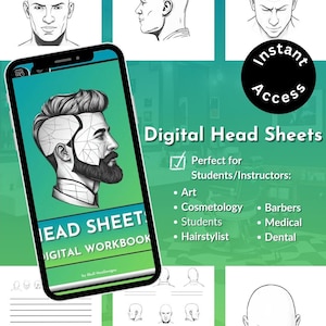 Pode incluir: Caderno de exercícios de folhas de cabeça digitais para estudantes e instrutores nas áreas de arte, cosmetologia, cabeleireiro, barbearia, medicina e odontologia. O caderno de exercícios inclui vários modelos de cabeça para a prática de desenho.