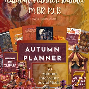 Pode incluir: Um pacote de planejador digital com tema de outono com o texto "Autumn Planner Bundle MRR PLR" e "Skull Headesigns". A imagem apresenta vários produtos digitais, incluindo capas de diários, clip art e modelos de mídia social.