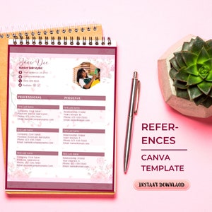 May include: A pink and white floral design resume template with a photo of a woman in the top right corner. The template includes sections for professional and personal information. The text "REFERENCES" is in a large font at the bottom of the page, with the text "CANVA TEMPLATE" below it. The text "INSTANT DOWNLOAD" is in a pink button at the bottom of the page.
