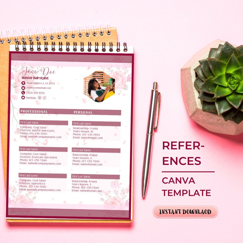 May include: A pink and white floral design resume template with a photo of a woman in the top right corner. The template includes sections for professional and personal information. The text "REFERENCES" is in a large font at the bottom of the page, with the text "CANVA TEMPLATE" below it. The text "INSTANT DOWNLOAD" is in a pink button at the bottom of the page.