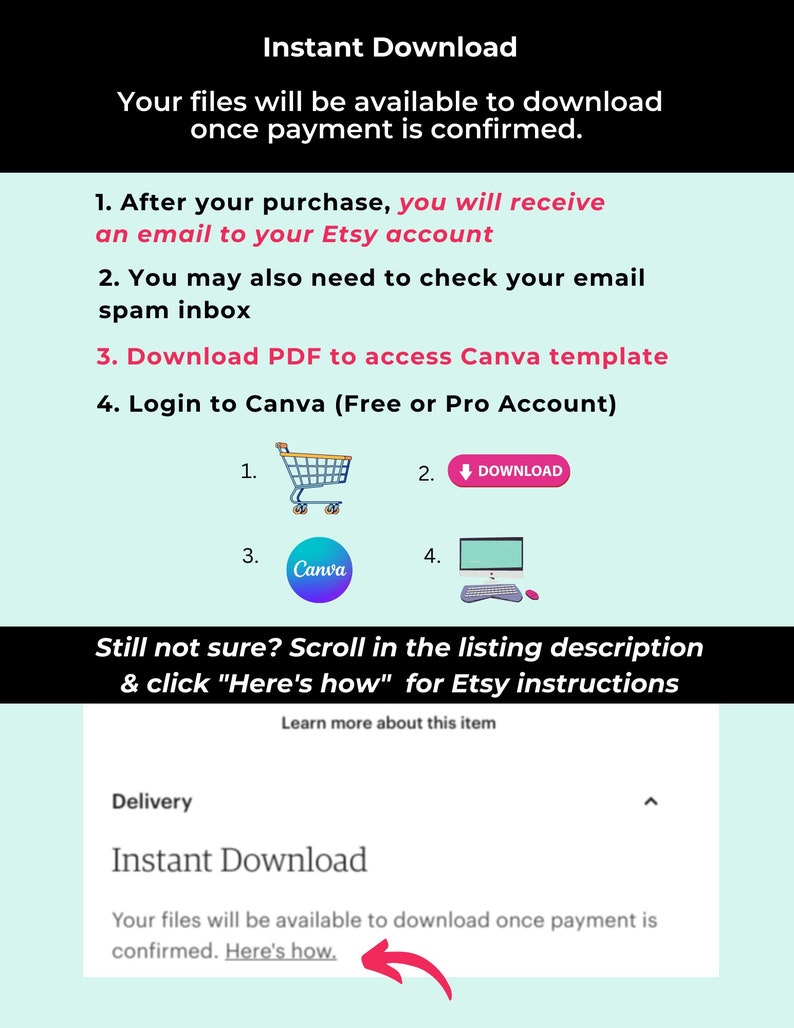 May include: Instant download instructions for a digital product. After purchasing, you will receive an email with a link to download your files. You may also need to check your email spam folder. The instructions also include steps on how to access a Canva template and login to Canva.