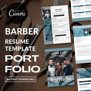 May include: A blue and white resume template for a barber with a portfolio section featuring a photo of a barber cutting a client's hair. The text "Barber Resume Template Portfolio" is displayed in large, bold letters.