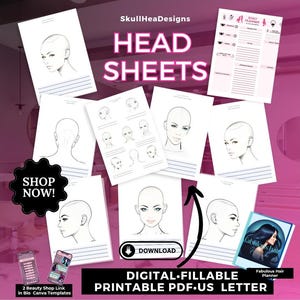 Puede incluir: Una colección de hojas de cabeza digitales imprimibles con varias ilustraciones de líneas de cabezas humanas para practicar, incluyendo una página de planificador diario, en papel tamaño carta con textos como SkullHeaDesigns y Download.