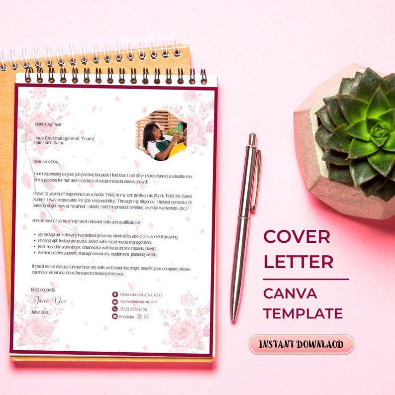 May include: A pink and white floral cover letter template with a photo of a woman in the top left corner. The text "COVER LETTER CANVA TEMPLATE INSTANT DOWNLOAD" is in the bottom right corner.