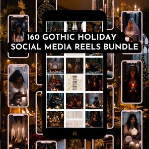 Puede incluir: Un collage de imágenes que presentan una variedad de carretes de redes sociales con temática de vacaciones góticas. Las imágenes incluyen velas, un árbol de Navidad y personas vestidas con atuendos góticos. El texto "160 GOTHIC HOLIDAY SOCIAL MEDIA REELS BUNDLE" se muestra en el centro de la imagen.