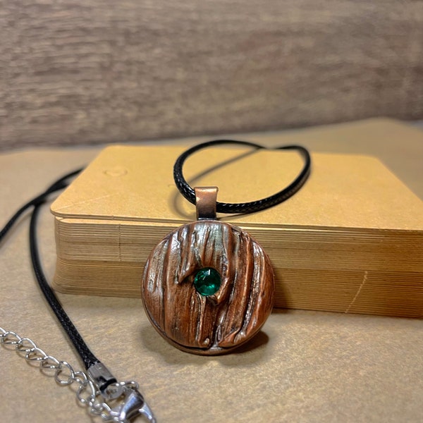 Nature May Emerald Birthstone Pendant Epoxy Clay Round Bezel Unisex Handmade Tree Wood Texture 24 Inch Black Cord Necklace