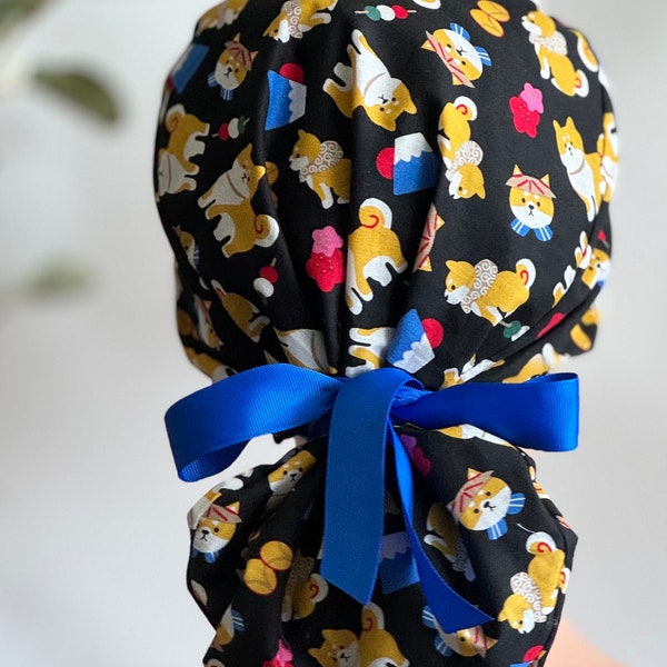 Ponytail scrub caps/Shiba Inu Dog print on Black Ponytail Scrub Cap for Women/Surgical caps/Scrub Hats with Royal blue Grosgrain Ribbons.
