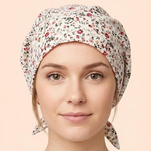 May include: A head covering featuring a white base with a small-scale floral pattern in shades of red, pink, and green. The fabric is tied at the back with two short, pointed ends, providing a secure fit around the head with a rounded silhouette.