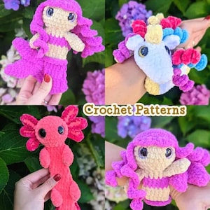 Può includere: Un collage di quattro giocattoli all'uncinetto fatti a mano: una sirena, un unicorno, un axolotl e un'altra sirena. Le sirene sono rosa e beige, l'unicorno è bianco con una criniera arcobaleno e l'axolotl è rosa. Il testo "Crochet Patterns" è visualizzato.