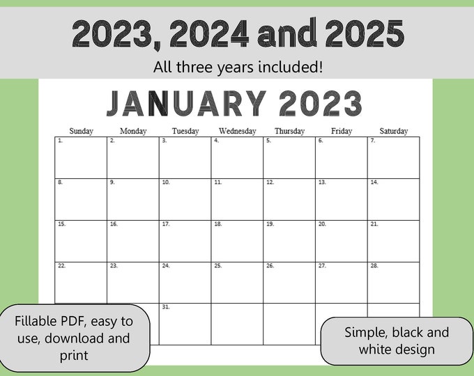 20232025 Printable Editable Calendars, Monthly Calendar, Simple
