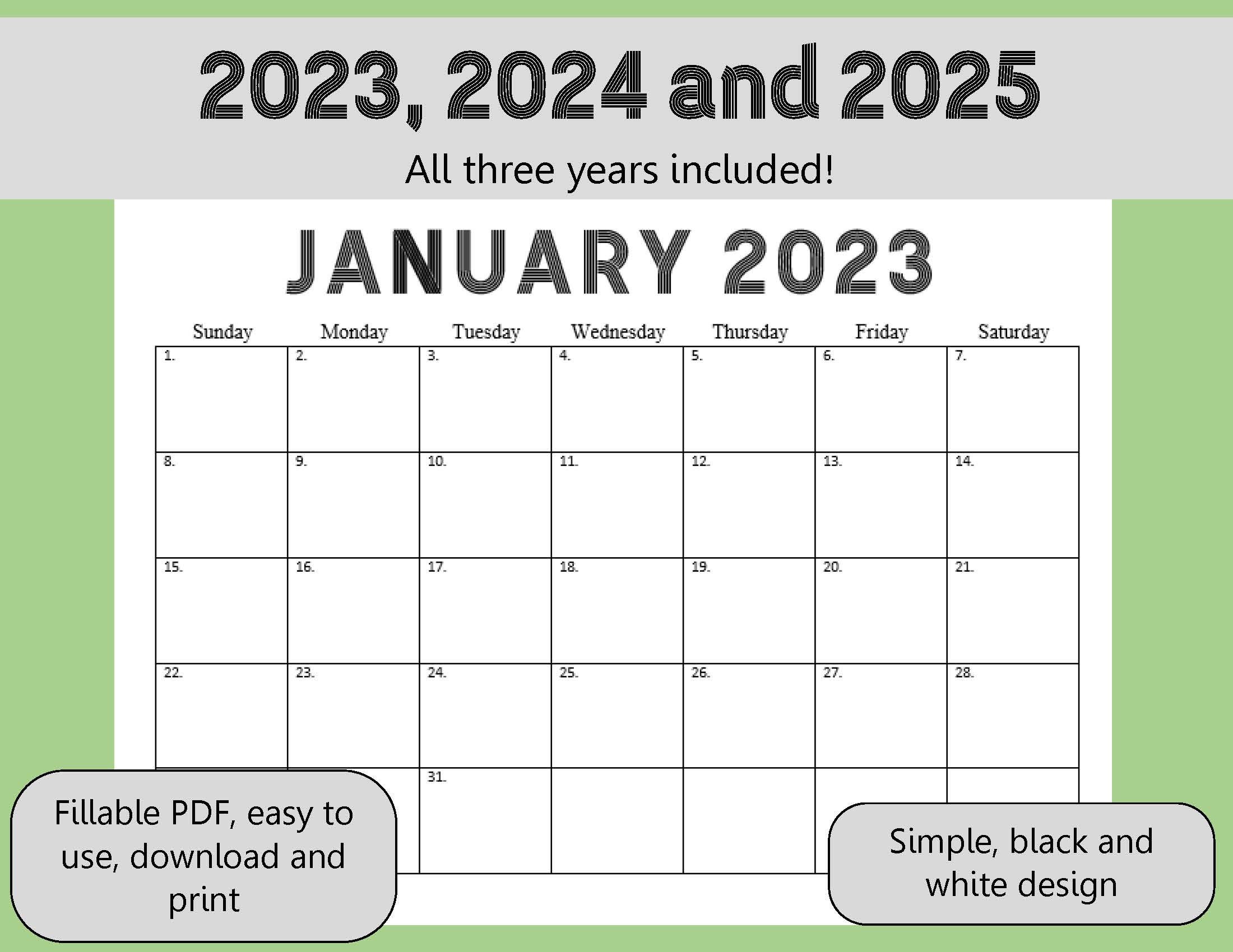 2023-2025 Printable Editable Calendars Monthly Calendar - Etsy UK