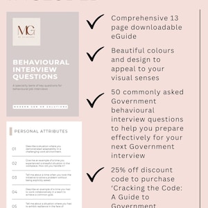 Op de afbeelding: Een roze en witte grafiek met een checklist van items die zijn inbegrepen in een downloadbare eGuide van 13 pagina's. De eGuide heeft de titel "Cracking the Code: A Guide to Government Interviews". De checklist omvat een uitgebreide eGuide van 13 pagina's, mooie kleuren en een aantrekkelijk ontwerp, 50 veelgestelde gedragsvragen voor sollicitaties bij de overheid en een kortingscode van 25%.