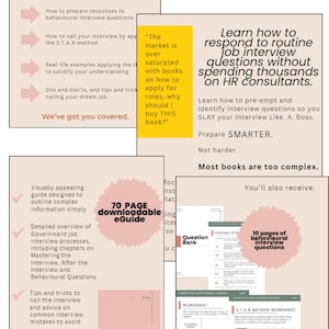 May include: A pink and white guide with a checklist of tips for preparing for a government job interview. The guide includes a 70-page downloadable eGuide, a question bank, and multiple downloadable worksheets. The text "Cracking the Code" is visible on the cover of the guide.