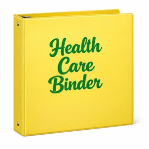 Könnte beinhalten: Ein leuchtend gelber Ordner mit dem grünen Schriftzug "Health Care Binder". Der Ordner dient zur Organisation von Gesundheitsakten und hat eine Drei-Ring-Mechanik. Er ist etwa 28 cm hoch.